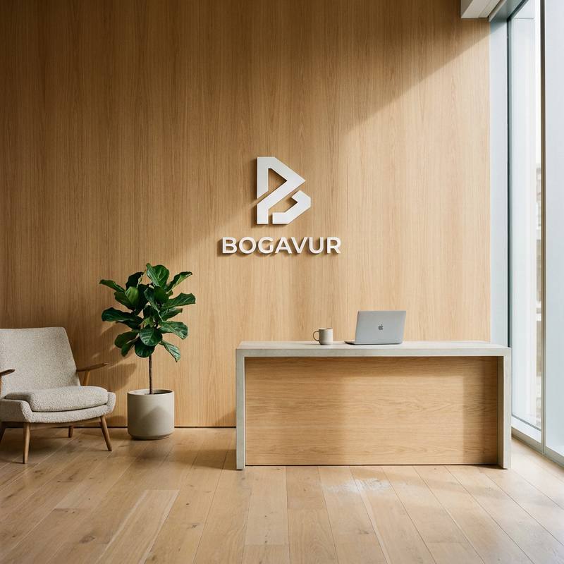 Recepcja siedziby Bogavur: drewniana ściana z logo Bogavur, roślina, fotel i biurko w ciepłym, naturalnym świetle